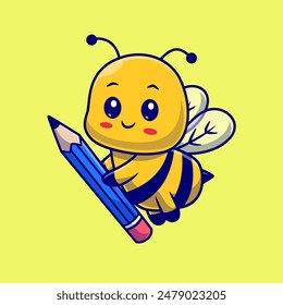 Abeja de miel linda sosteniendo lápiz ilustración de Vector de dibujos animados. Icono de Educación animal concepto de Vector Premium aislado. Estilo plano de dibujos animados