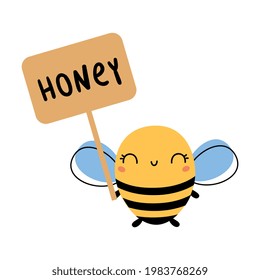 Cute Honey Bee Holding Wooden Sign Board with Honey inscription, Lovely Flying Insect Character Cartoon Vector Illustration