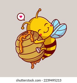 Cute Honey Bee Hug Honeycomb Cartoon Vector Icon Illustration. Animal Nature Icon Concept Isolated Premium Vector. Flat Cartoon Style