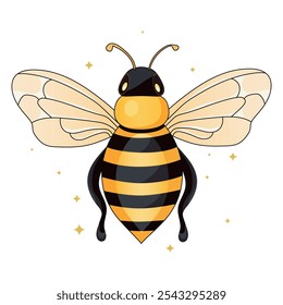 Abeja linda de la miel aislada en un fondo blanco. Abeja de dibujos animados con alas de colores. Ilustración vectorial.	