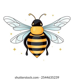 Abeja linda de la miel aislada en un fondo blanco. Abeja de dibujos animados con alas de colores. Ilustración vectorial.	
