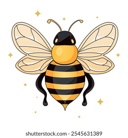 Abeja linda de la miel aislada en un fondo blanco. Abeja de dibujos animados con alas de colores. Ilustración vectorial.	