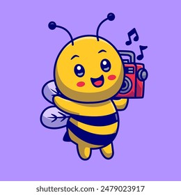 Cute Honey Bee Listening Music With Boombox Cartoon Vector Icon Illustration. Animal Music Icon Concept Isolated Premium Vector. Flat Cartoon Style