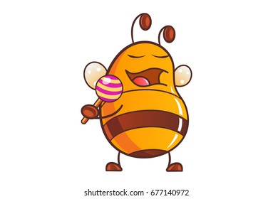 Cute Honey Bee with a lollipop in hand. Vector Illustration. Isolated on white background.
