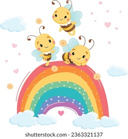 Cute Honey Bee on a rainbow vector illustration