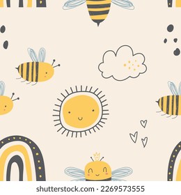 Cute honey bee pattern in summer in hand drawn style. Vector cute bee character in scandinavian hand drawn cartoon style. very suitable for printing on baby and kids clothes such as t-shirts, blankets