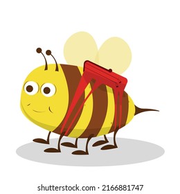Cute Honey Bee with red backpack Lovely Flying Insect Character Flat Cartoon Vector Illustration