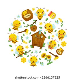 Cute Honey Bee Round Composition with Busy Insect and Natural Sweet Food Vector Template