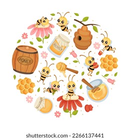 Cute Honey Bee Round Composition Design with Busy Insect and Natural Sweet Food Vector Template