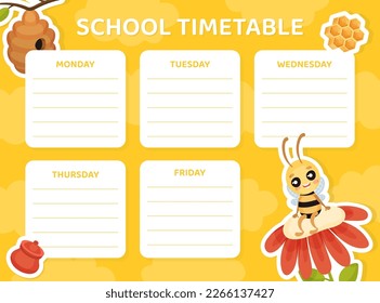 Cute Honey Bee School Timetable Design with Busy Insect on Flower Vector Template