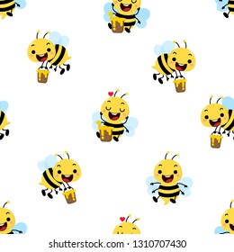 Cute honey bee seamless pattern and background. Animal cartoon character set.
