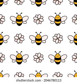 Geruchiges Bienennahtloses Muster. Vektor-Doodle-Cartoon-Bienenstock, Blumen und Honeycombs-Illustration, digitales Papier einzeln auf weißem Hintergrund perfekt für KinderStoffdrucke