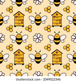 Cute honey bee seamless pattern. Vector doodle cartoon beehive, flowers and honeycombs illustration digital paper isolated on white background perfect for kids fabric prints