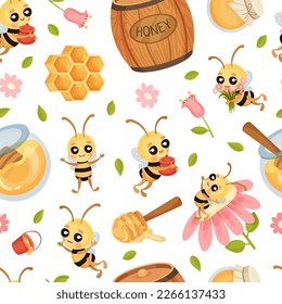 Cute Honey Bee Seamless Pattern Design with Busy Insect and Natural Sweet Food Vector Template