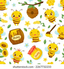 Cute Honey Bee Seamless Pattern Design with Busy Insect and Natural Sweet Food Vector Template