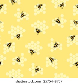 Cute honey bee seamless pattern. Vector bees and honeycomb texture on yellow background. Sweet summer print, trendy abstract minimal design for wrapping paper, fashion, fabric, textile, wallpaper.