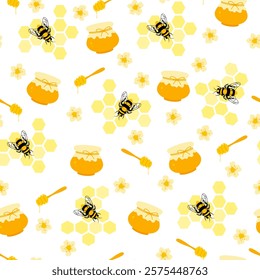 Cute honey bee seamless pattern. Vector yellow bees, honeycomb, honey, pot texture on white background. Sweet summer print, trendy abstract minimal design for wrapping paper, fashion, fabric, textile.