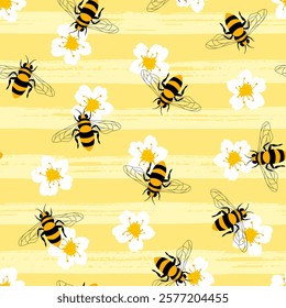 Cute honey bee seamless pattern. Vector bees and white flowers on striped hand drawn texture background. Sweet summer print, trendy abstract design for wrapping, fashion, fabric, textile, decoration.
