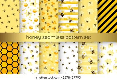 Cute honey bee seamless pattern set. Vector yellow bees, honeycomb, honey, pot texture background. Sweet summer print collection, trendy abstract minimal design for wrapping, fashion, fabric, textile.