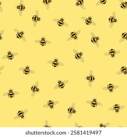 Cute honey bee seamless pattern. Vector bees texture on yellow background. Sweet summer print, abstract minimal design for wrapping paper, fashion, fabric, textile, wallpaper.