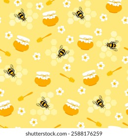 Cute honey bee seamless pattern. Vector bees, honeycomb, honey, pot texture on yellow background. Sweet summer print, trendy abstract minimal design for wrapping paper, fashion, fabric, textile.