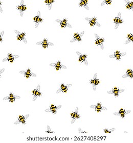 Cute honey bee seamless pattern. Vector bees texture on white background. Sweet summer print, abstract minimal design for wrapping paper, fashion, fabric, textile, wallpaper.