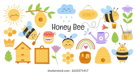 Cute honey bee set with beehive, honeycomb, flowers, clouds and sun. Flat hand drawn vector illustration