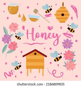 Cute honey bee set. Includes flat honey jar, beehive, bees, flowers and doodle element background