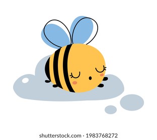 Cute Honey Bee Sleeping on Cloud, Lovely Flying Insect Character Cartoon Vector Illustration