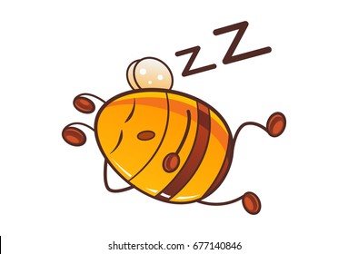 Cute Honey Bee Sleeping. Vector Illustration. Isolated on white background.