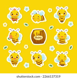 Cute Honey Bee Sticker with Busy Insect and Natural Sweet Food in Pot Vector Set