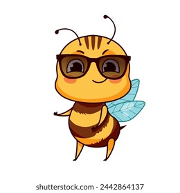 Cute honey bee in sunglasses. Vector illustration in cartoon style