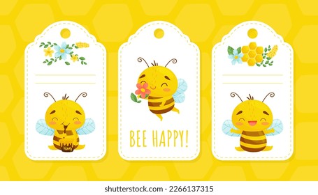 Cute Honey Bee Tags Design with Busy Insect and Natural Sweet Food Vector Template