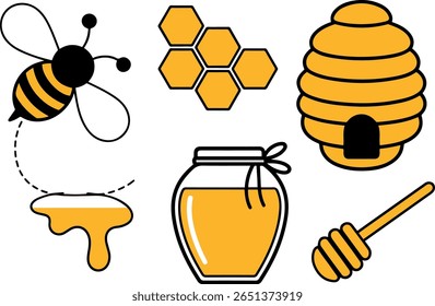 Cute Honey Bee Vector Icons: Honeycomb, Hive, and Jar