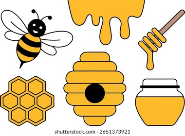 Cute Honey Bee Vector Icons: Honeycomb, Hive, and Jar