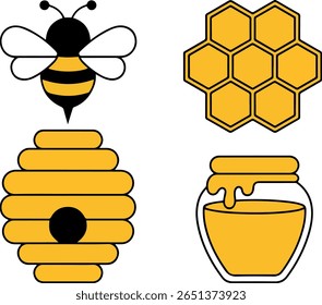 Cute Honey Bee Vector Icons: Honeycomb, Hive, and Jar