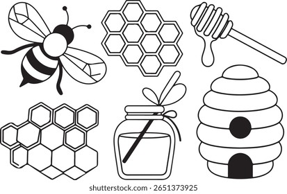 Cute Honey Bee Vector Icons: Honeycomb, Hive, and Jar