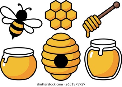 Cute Honey Bee Vector Icons: Honeycomb, Hive, and Jar