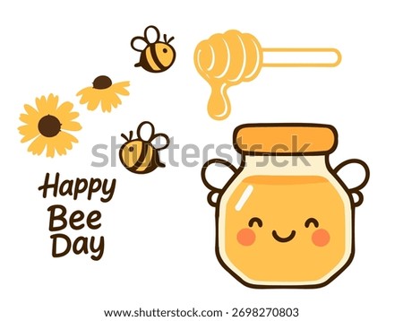 Cute honey bee vector set, smiling bees with honey jar, dipper and flowers, kawaii yellow illustration for kids card, sticker, poster, packaging and pattern.