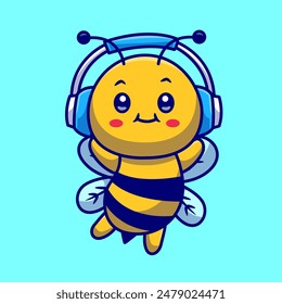 Cute Honey Bee Wearing Headphone Cartoon Vector Icon Illustration. Animal Music Icon Concept Isolated Premium Vector. Flat Cartoon Style
