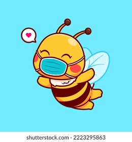 Cute Honey Bee Wearing Medical Mask Cartoon Vector Icon Illustration. Animal Healthy Icon Concept Isolated Premium Vector. Flat Cartoon Style
