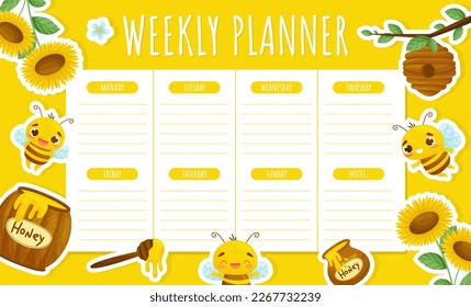 Cute Honey Bee Weekly Planner Design with Busy Insect and Natural Sweet Food Vector Template