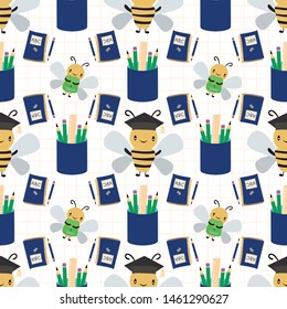 Cute honey bees with books, bags and pencils going back to school. Seamless vector pattern on white grid textured background. Great for children, education, school products, stationery