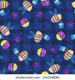 Cute Honey Bees with Bucket of Honey Vector Seamless Pattern