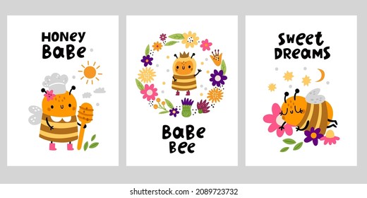 Cute honey bees cards. Funny little insects characters, beautiful flowers, kids cartoon posters with cook, kids adorable doodle princess and sleeper, postcards vector