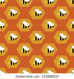 Cute Honey Bees Cartoon Seamless Pattern. Wasps Icon. Flying Insects Illustration Vector Art Background Wallpaper. Sweet Natural Honey Packaging Design. Kids Cute Gift Wrapping paper. Yellow, orange