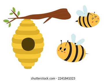 Personajes adorables de abejas y colmenas colgando del árbol. Divertidos insectos de dibujos animados ambientados. Ilustración del vector