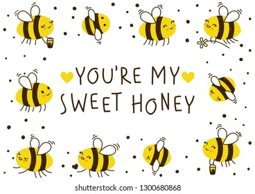 Cute honey bees frame for Your kawaii design
