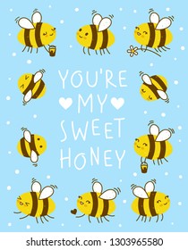 Cute honey bees frame for Your kawaii design