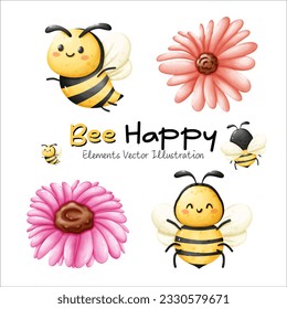 Cute Honey Bees Happy And Variety of Flowers Elements Watercolor Vector File , Clipart cartoon style For banner, poster, card, t shirt